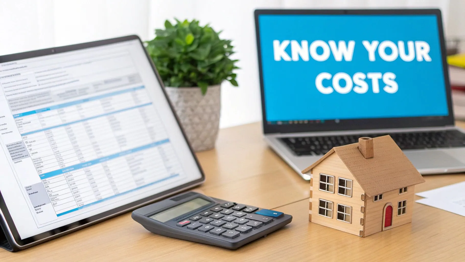 A desk with a laptop displaying ‘KNOW YOUR COSTS’, a tablet with a spreadsheet, a calculator, and a model house.