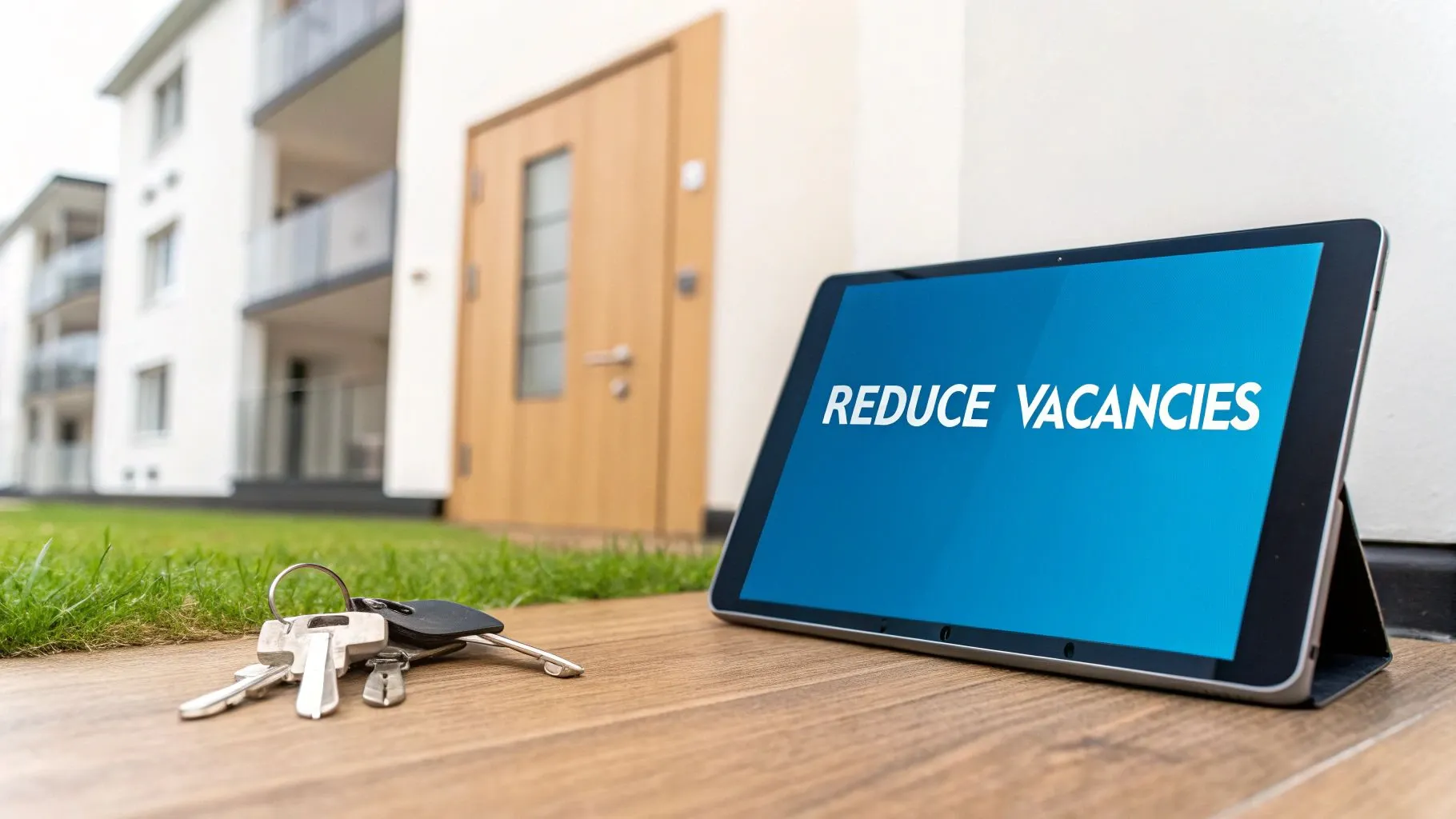 Digital tablet shows ‘REDUCE VACANCIES’ with apartment keys and a modern building, representing property management.