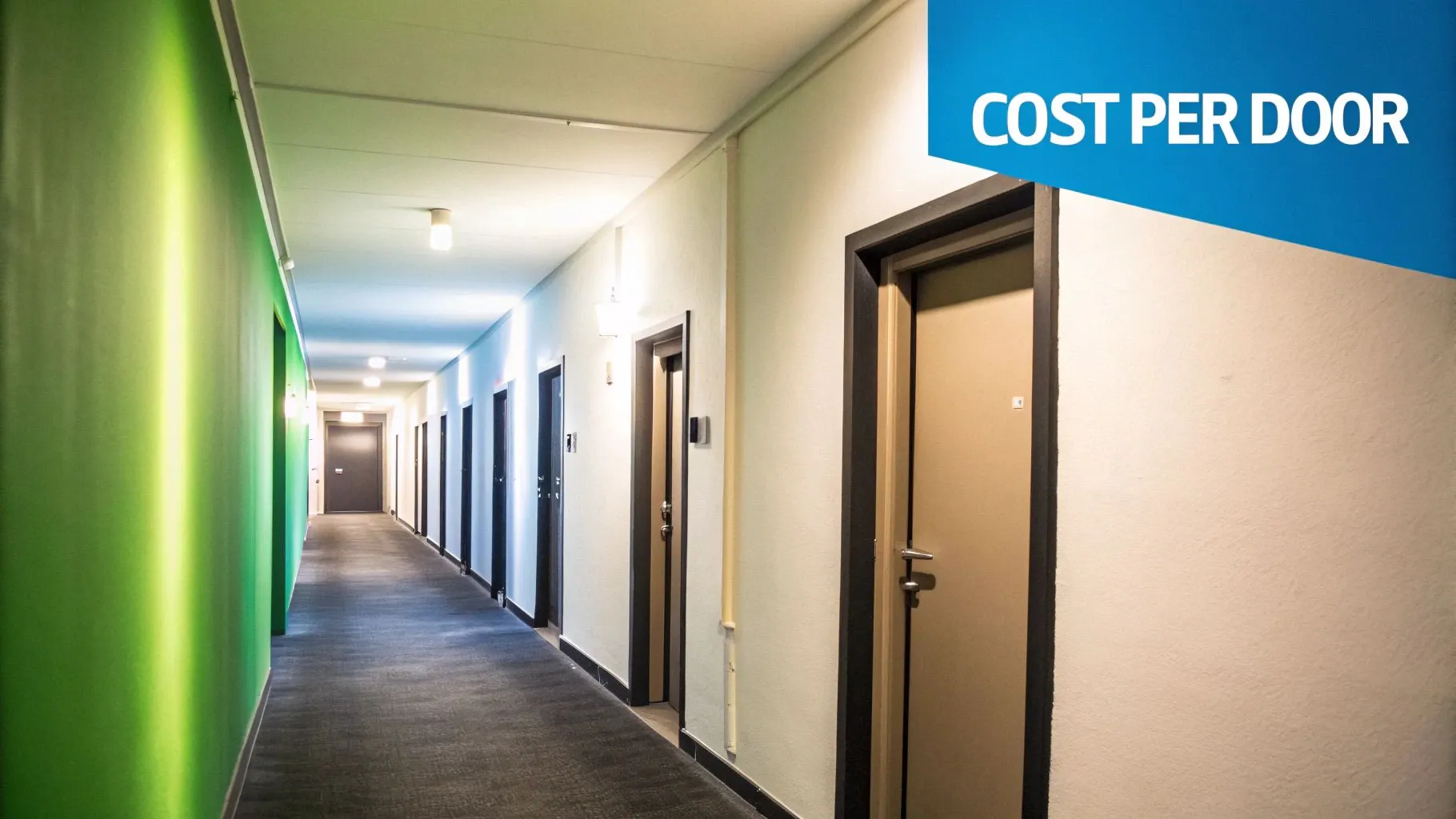 View of a long, brightly lit hallway in a building with multiple doors and a “COST PER DOOR” banner.