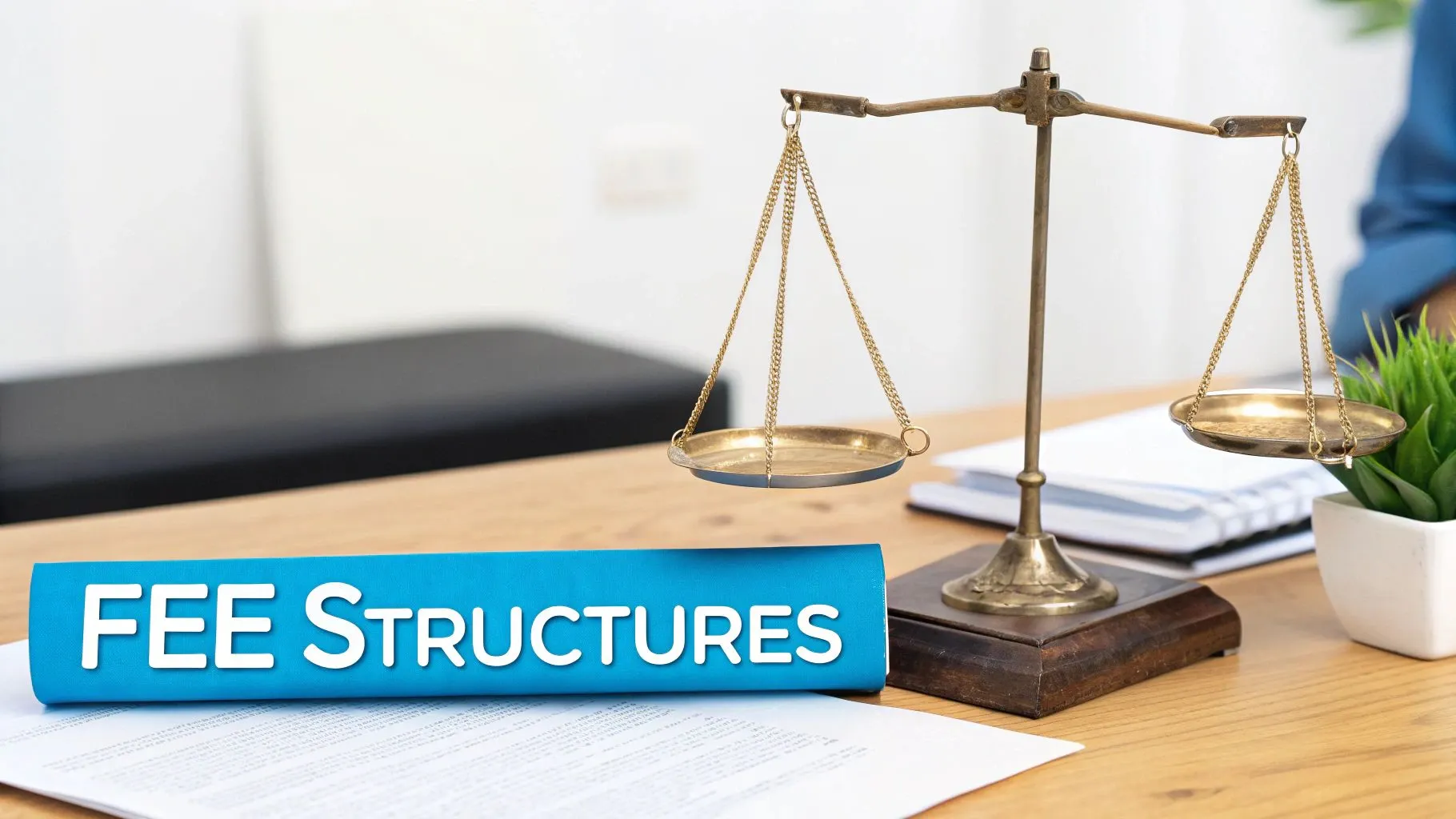 Legal scales and a ‘FEE STRUCTURES’ folder on a wooden desk, representing financial aspects of law.