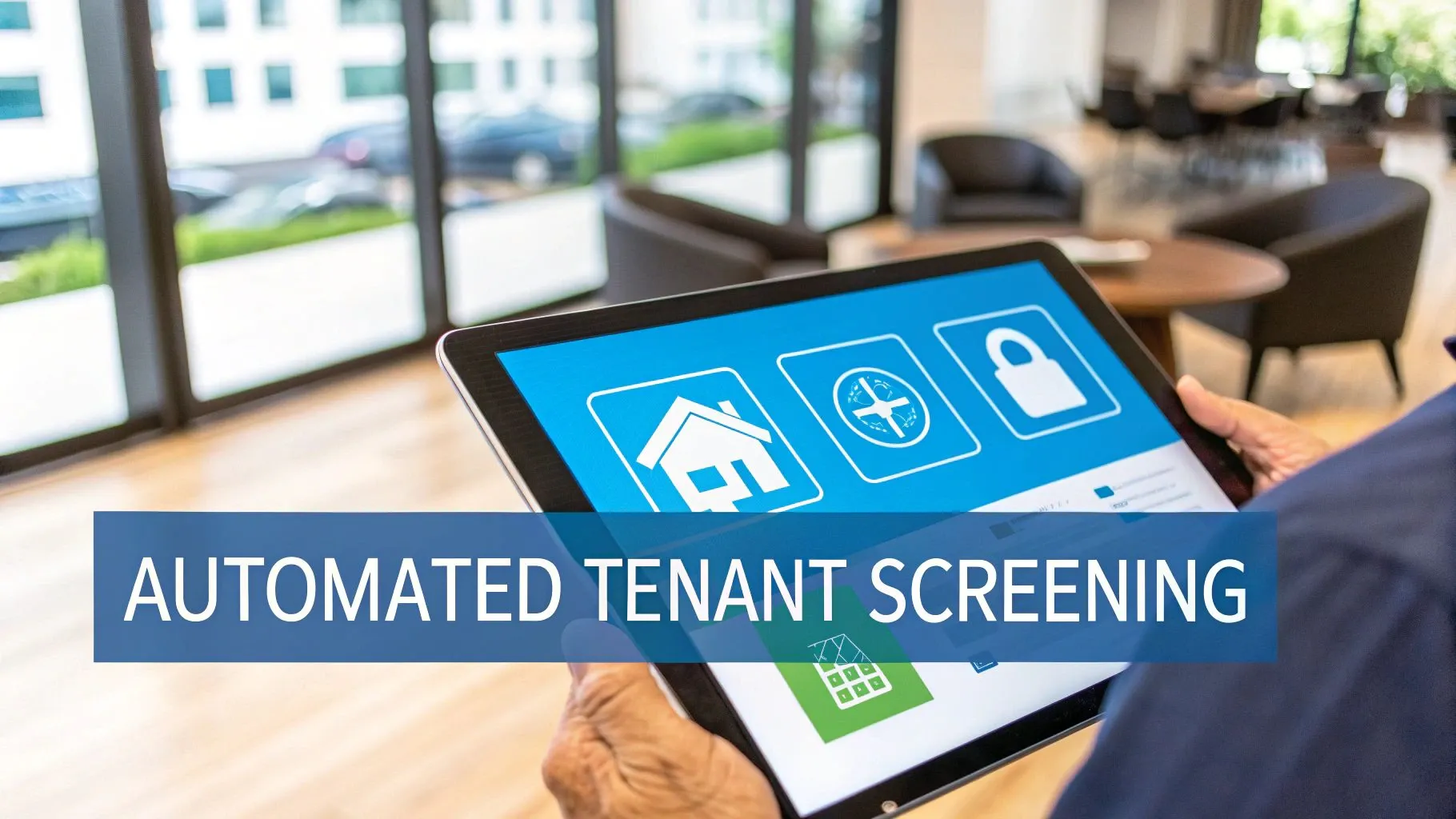 A person holds a tablet displaying smart home icons, with “AUTOMATED TENANT SCREENING” text.
