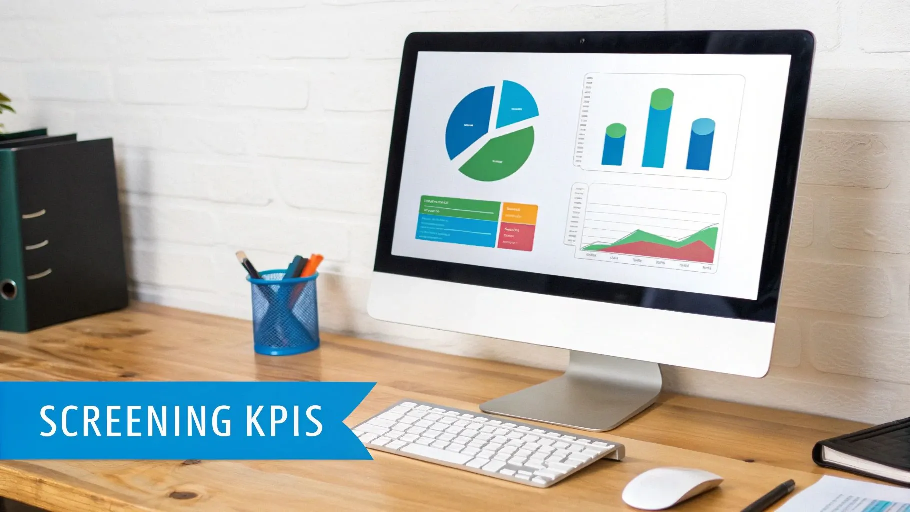 Desk with computer showing KPI dashboards, keyboard, mouse, and office supplies, promoting ‘SCREENING KPIS’.