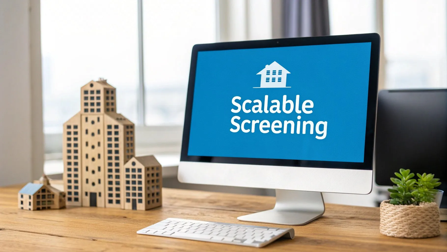 A computer screen displays ‘Scalable Screening’ next to wooden building models and a plant.
