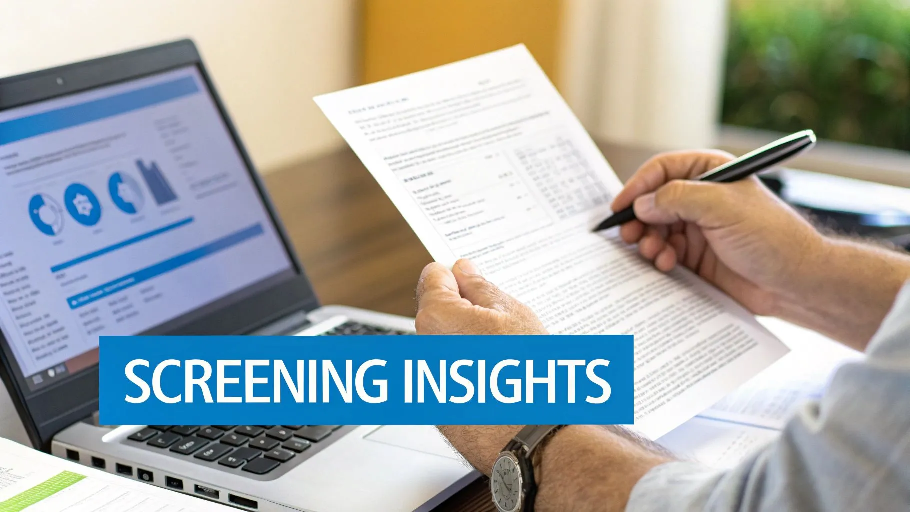 Person reviews documents with a pen next to a laptop displaying charts, with ‘Screening Insights’ text overlay.