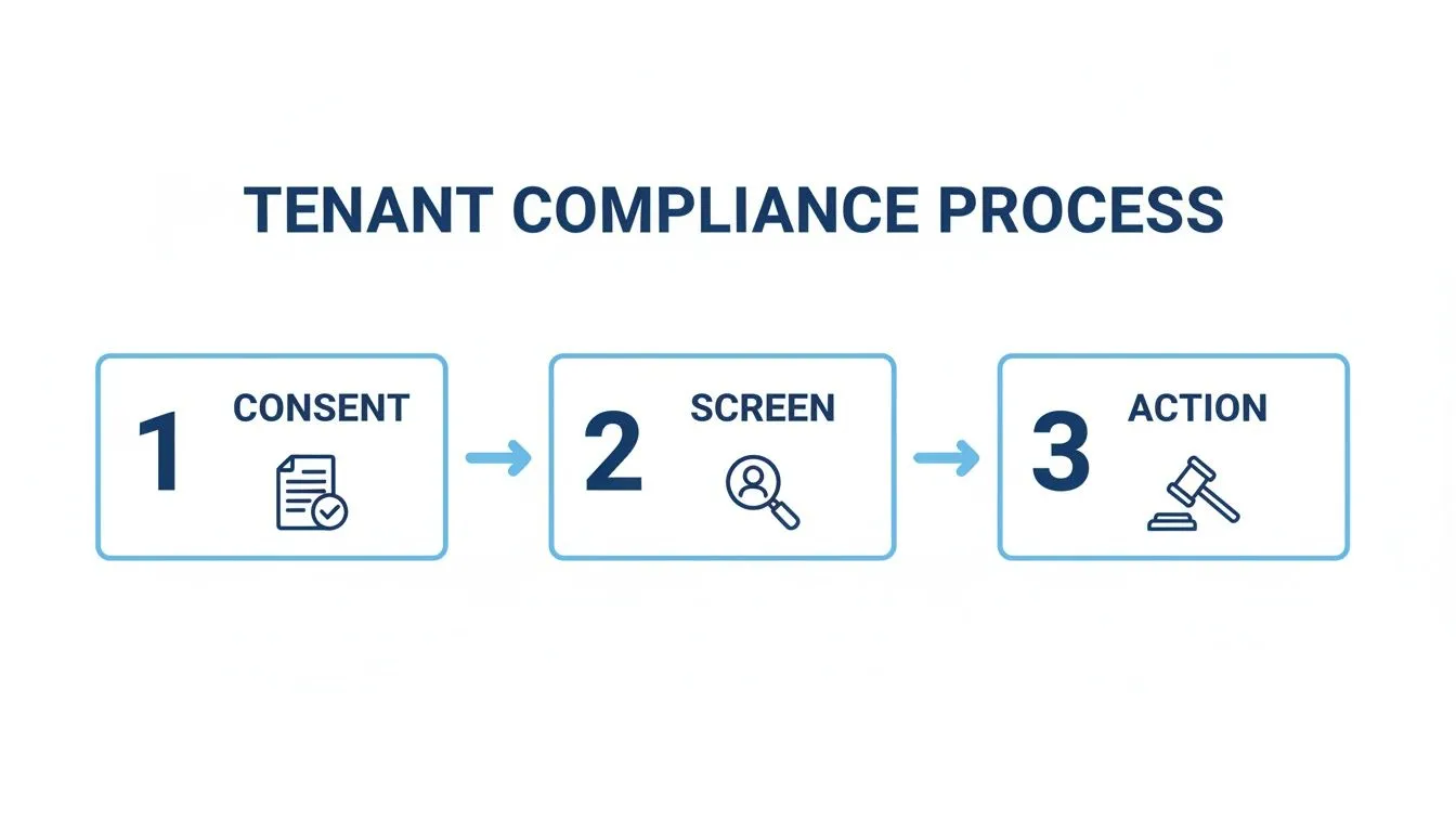 Diagram illustrating a three-step tenant compliance process: Consent, Screen, and Action with corresponding icons.