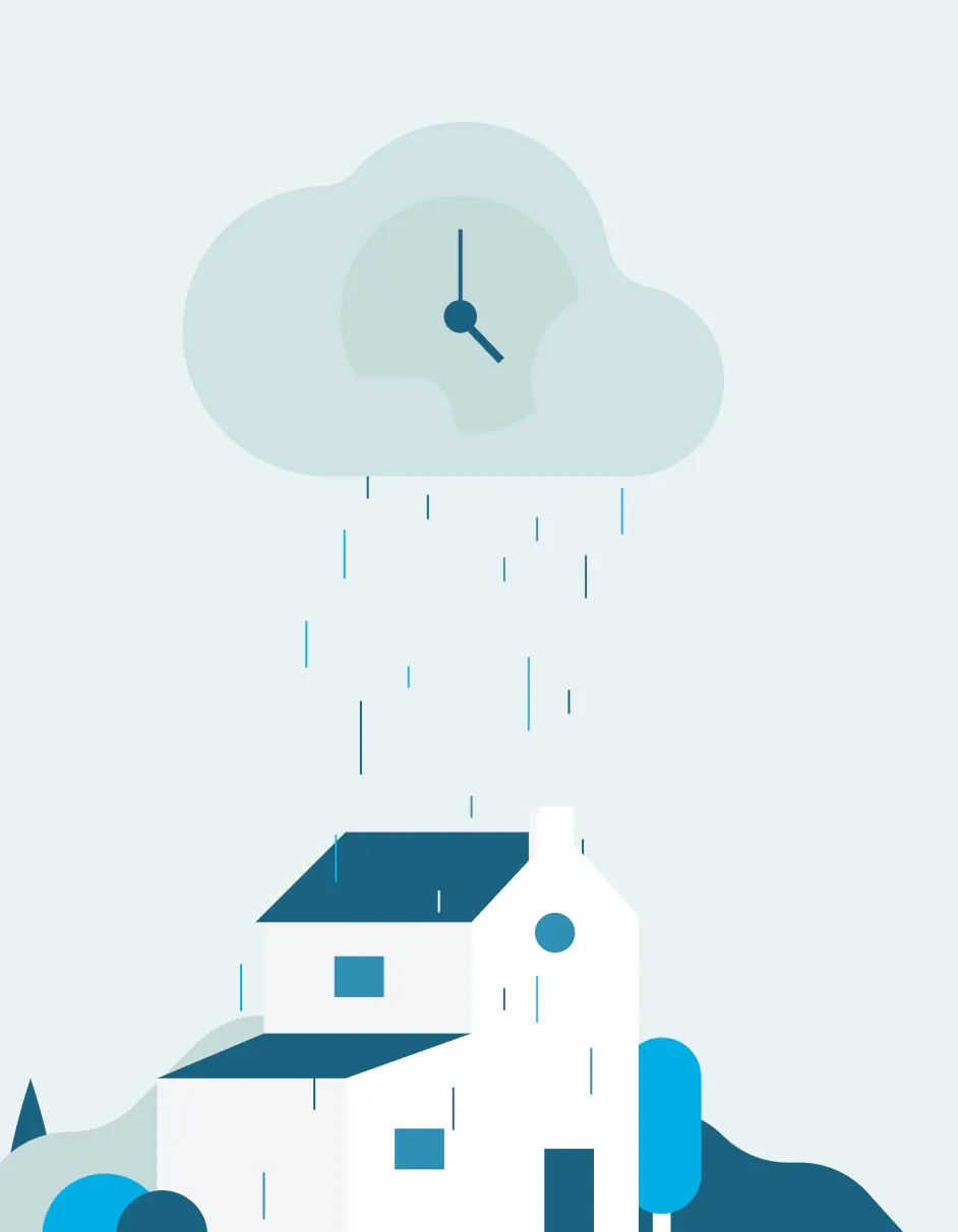 Showdigs house with clock and cloud raining