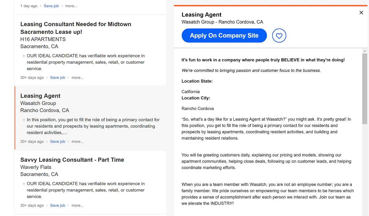 Informal leasing agent job description example, page 1
