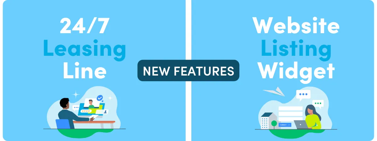 Graphic showing two new Showdigs features: the 24/7 Leasing Line and the Website Listing Widget
