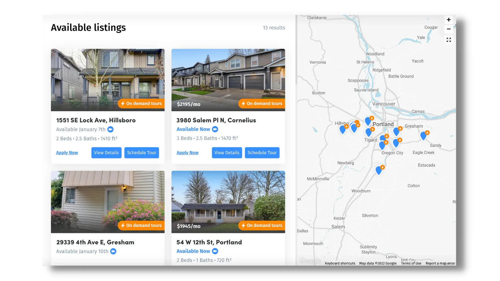 Website Listing Widget sneak peek showing available listings, on-demand tours, and a map