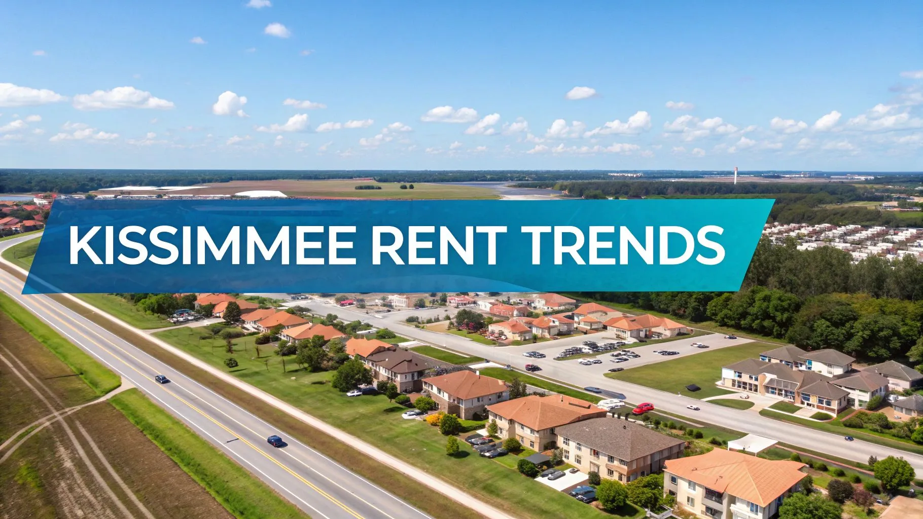 Aerial view of a Kissimmee residential area with houses, roads, and a prominent ‘Kissimmee Rent Trends’ banner.