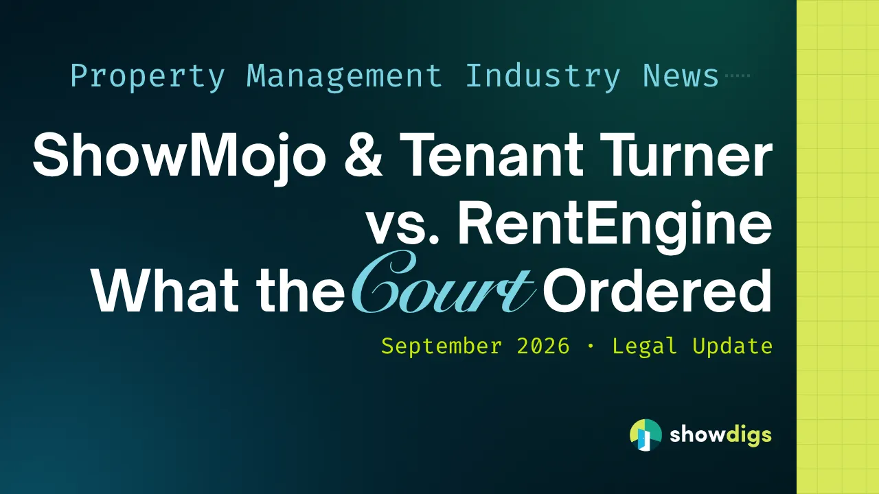 Timeline of the ShowMojo and Tenant Turner v. RentEngine case from the May 2025 filing to the September 2026 order